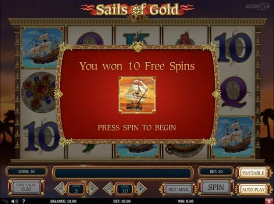 Three ship scatter symbols on reels awards 10 free spins with the Golden Ship being wild.