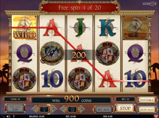 Free Spins game board - A four of a kind leads to a 200 coin payout.
