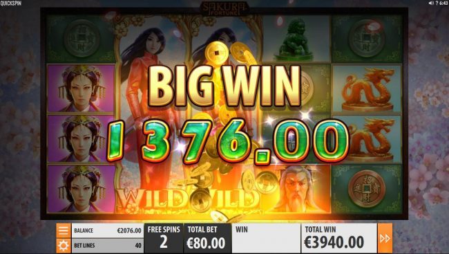 Two locked wild symbols triggers a 1376.00 big win during the free spins bonus feature.