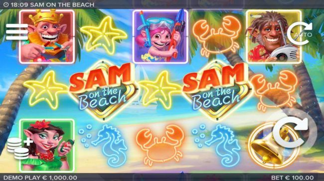 A tropical beach vacation themed main game board featuring five reels and 243 winning combinations with a $227,520 max payout