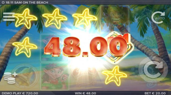 A winning combination of neon starfish symbols triggers a 48.00 payout.
