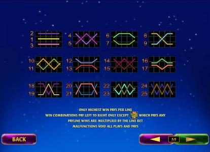 Payline Diagrams 1-20. Only highest win pays per line. Win combinations pay left to right only except rose scatter symbol which pay any. Payline wins are multiplied by the line bet.