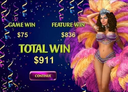 The Samba Music Bonus feature pays out a total of $911 for a super win!