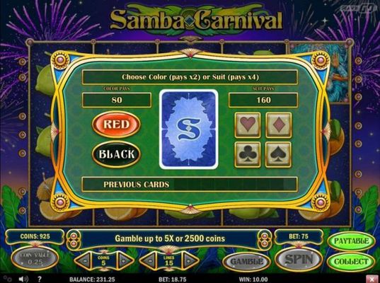 Gamble feature game board is available after every winning spin. For a chance to increase your winnings, select the correct color or suit on the next card or take win.