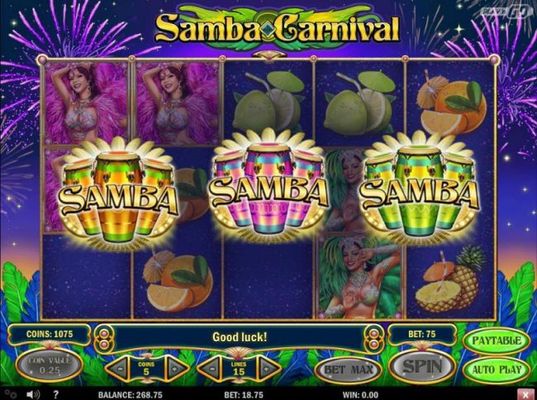 Bonus feature triggered when 3 or more Samba bonus symbols appear anywhere on the reels.