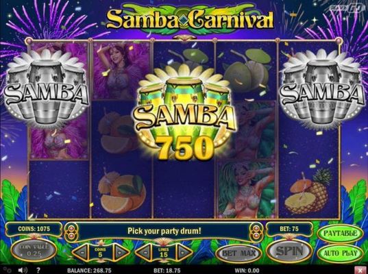 Samba Bonus feature is a pick feature. Pick one of the Samba Bonus symbols to reveal a prize award.