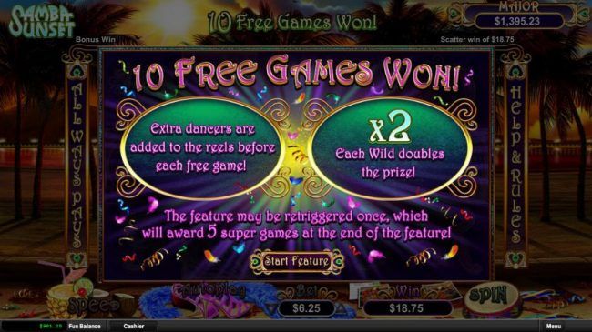 10 Free Games Awarded. Extra Dancers are added to the reels before each game. Each wild doubles the prize!