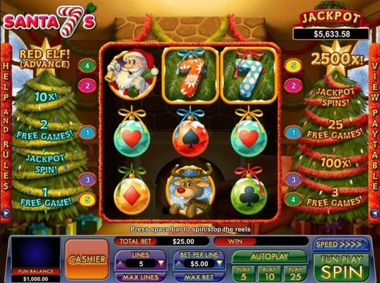 A Christmas holdiday themed main game board featuring three reels and 5 paylines with a progressive jackpot max payout
