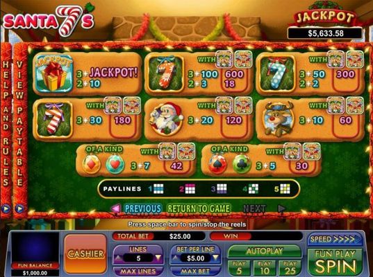 Slot game symbols paytable featuring Christmas holiday inspired icons.