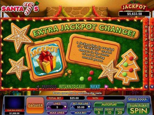 Extra Jackpot Chance - 1 Jackpot spin is awarded if a Jackpot symbol appears in the center of reel 2 during normal games.