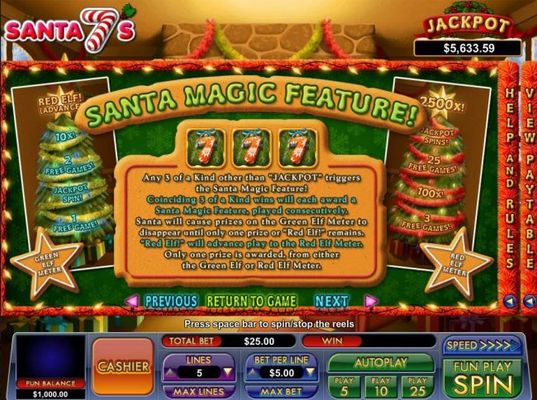 Santa Magic Feature - Any 3 of a kind other than Jackpot triggers the Santa Magic Feature!
