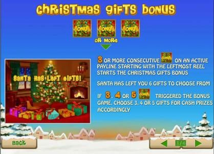 3 or more consecutive bonus symbols on an active payline triggers christmas gift bonus feature