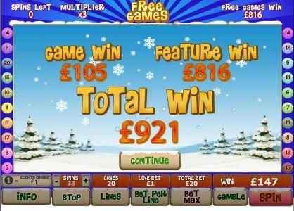 the total free game win was 921 coins