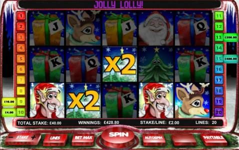 Multiple winning paylines with a 2x wild multipliers