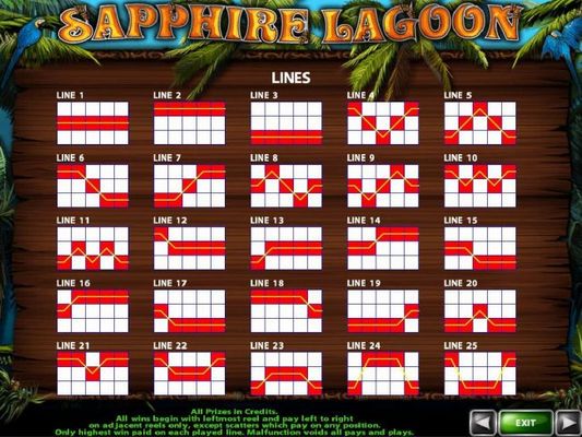 Payline Diagrams 1-25. All wins begin with the leftmost reel and pay left to right on adjacent reels only, except scatters which pay on any position.