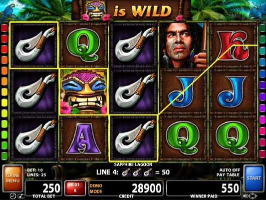 Wild symbol triggers multiple winning paylines leading to a 550 coin jackpot
