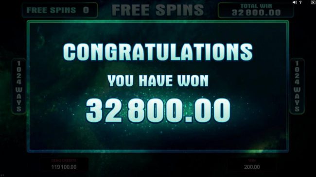 The total payout for the free spin game paly was 32,800.00 for a super mega win!