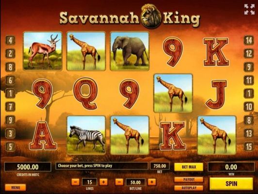 An African safari themed main game board, featuring five reels and 15 paylines with a $250,000 max payout