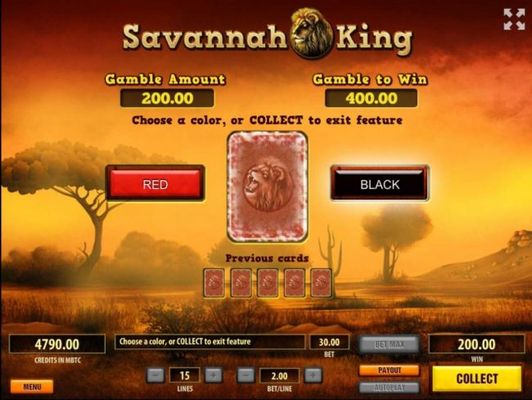 Gamble Feature - To gamble any win press Gamble then select Red or Black.