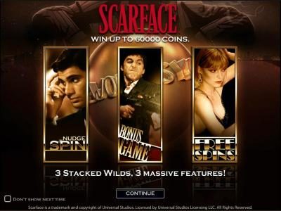 Scareface slot game splash page win up to 60000 coins
