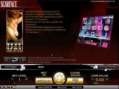 Scarface slot game full stacked wild appearing on reel 4, activates 15 free spins