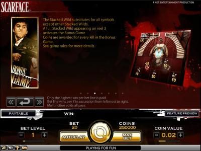 Scarface slot game a full stacked wild appearing on reel 3 activates the bonus game