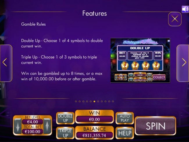 Gamble Rules - Double Up - Choose 1 of 4 cards to Double current win. Triple Up - Choose 1 of 3 cards to Triple current win.