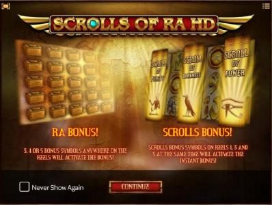Game features the RA Bonus and The Scrolls Bonus