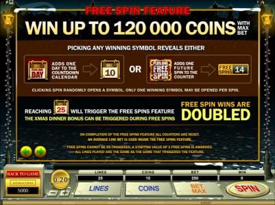 free spin feature, win up to 120000 coins with max bet