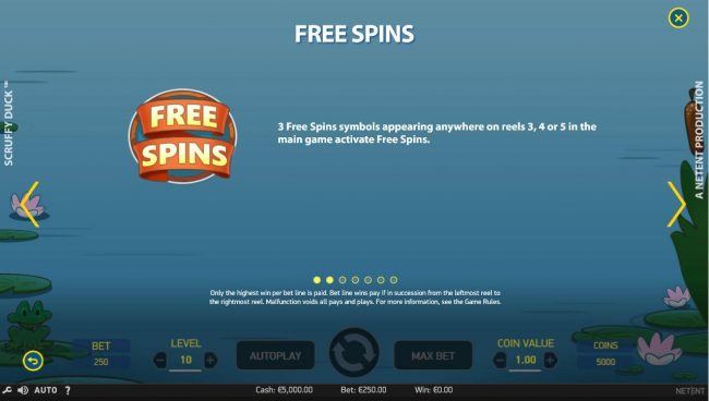 3 Free Spins symbols appearing anywhere on reels 3, 4 or 5 in the main game activate Free Spins.
