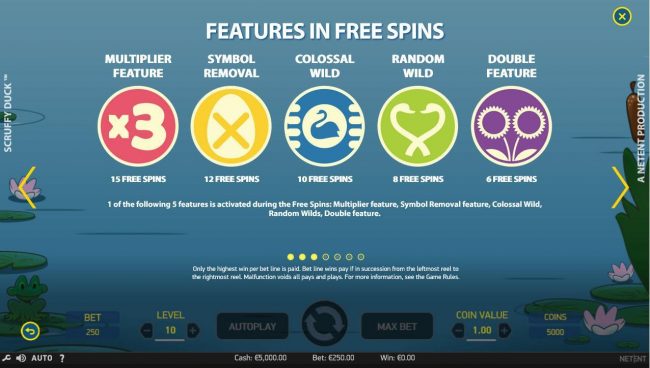 1 of the following five features is activated during the free spins: Multiplier feature, Symbol Removal feature, Colossal Wild, Random Wilds Double feature.