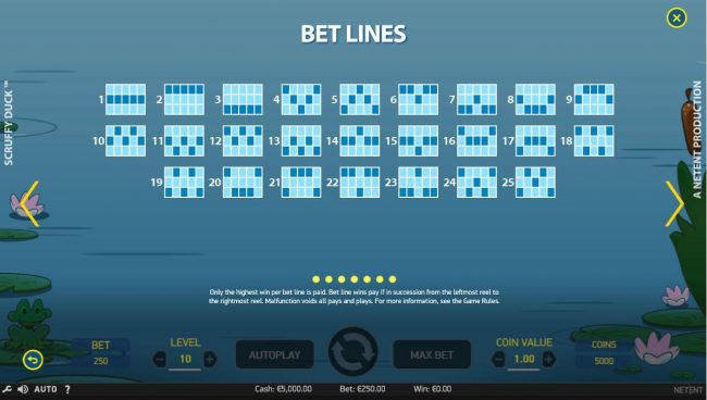Payline Diagrams 1-25. Only the highest win pays per bet line is paid. Bet line wins pay if in succession from the leftmost reel to the rightmost reel.