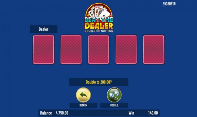 Beat The Dealer - Double or Nothing Gamble Feature Game Board - Select a card that is higher than the dealers for a chance to double your winnings.