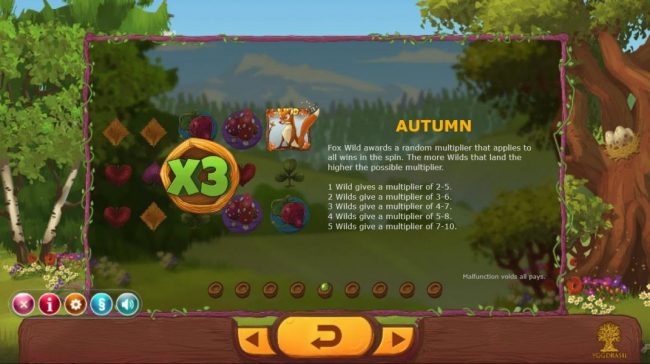 Autumn - Fox Wilds awards a random multiplier that applies to all wins in the spin. The more wilds that land the higher the possible multiplier.