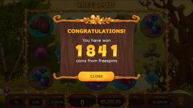 The free spins feature pays out a total of 1841 coins.
