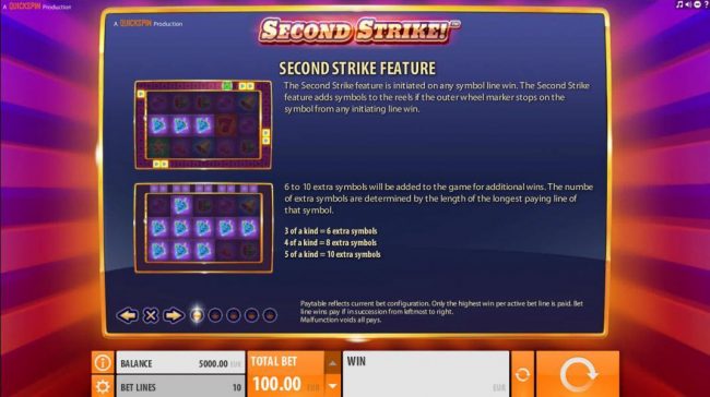 Second Strike Feature is initiated on any symbol line win. The second strike feature adds symbols to the reels if the outer wheel marker stops on the symbol from any initiating line win. 6 to 10 extra symbols will be added to the game for additional wins.