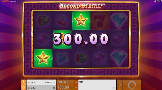 Three gold star symbols trigger a 300.00 big win and initiate the Second Strike Feature.