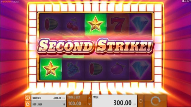 Second Strike feature is triggered and extra symbols will be added to the reels increasing your chance for a larger win