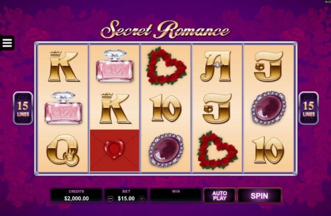 A Valentines Day themed main game board featuring five reels and 15 paylines with a $90,000 max payout