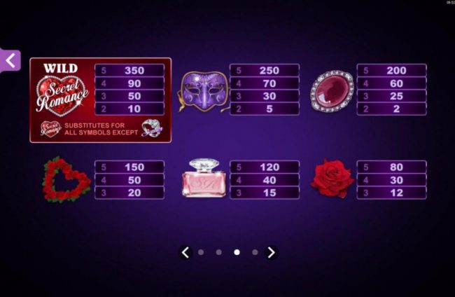 High value slot game symbols paytable featuring romance inspired icons.