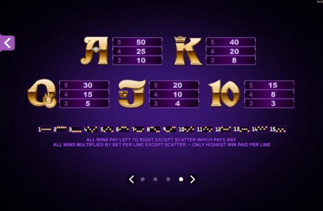 Low value game symbols paytable and payline diagrams 1 to 15.