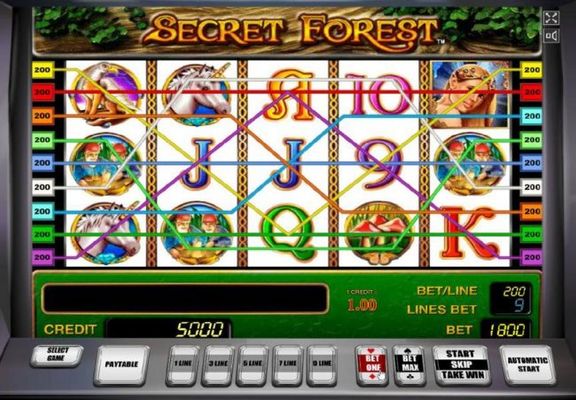 Main game board based on mythical fairy tale theme, featuring five reels and 9 paylines with a $1,800,000 max payout