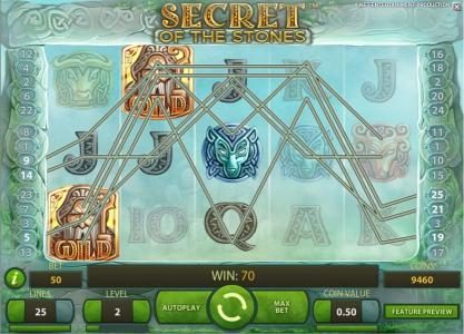 wild symbols combine with multiple winning paylines to trigger a 70 coin payout