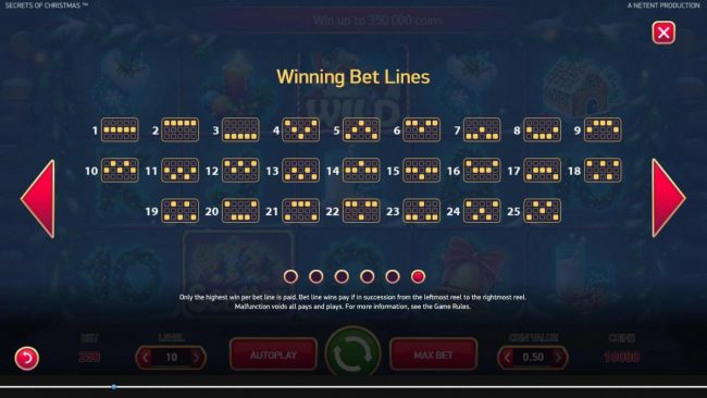 Payline Diagrams 1-25. Only the highest win per bet line is paid. Bet line wins pay in succession from the leftmost reel to the rightmost reel.