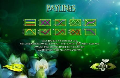 Payline Diagrams 1-20. Only the highest win per bet line is paid. Win combinations pay left to right only except the moon flower scatter symbol which pays any. Payline wins are multiplied by the line bet.