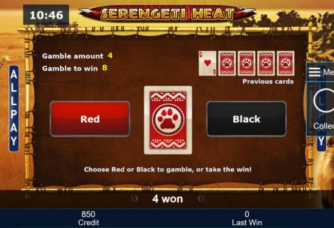 Gamble Feature - To gamble any win press Gamble then select Red or Black.