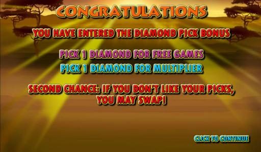 you have entered the diamond pick bonus. pick 1 diamond for free games. pick 1 diamond for multiplier
