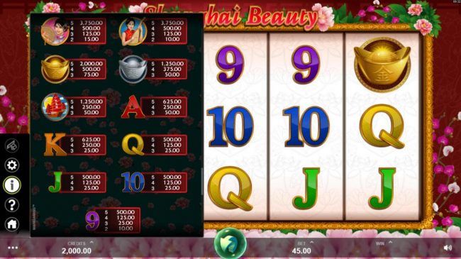 Slot game symbols paytable.