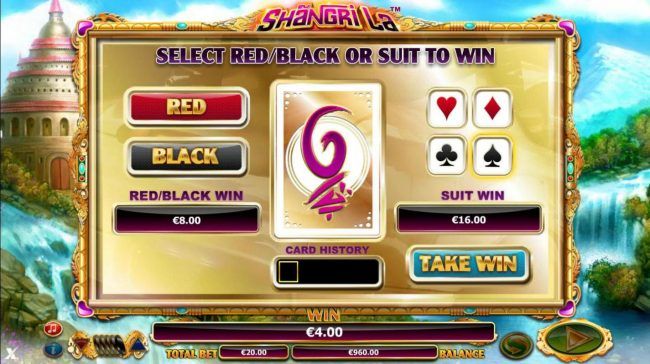 Gamble Feature - To gamble any win press Gamble then select color or a suit.