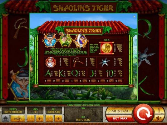 Slot game symbols paytable featuring Kung-Fu inspired icons.